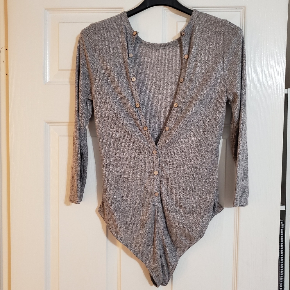Auditions bodysuit Gray Long Sleeve open front NWOT see measurements Sm/Med.